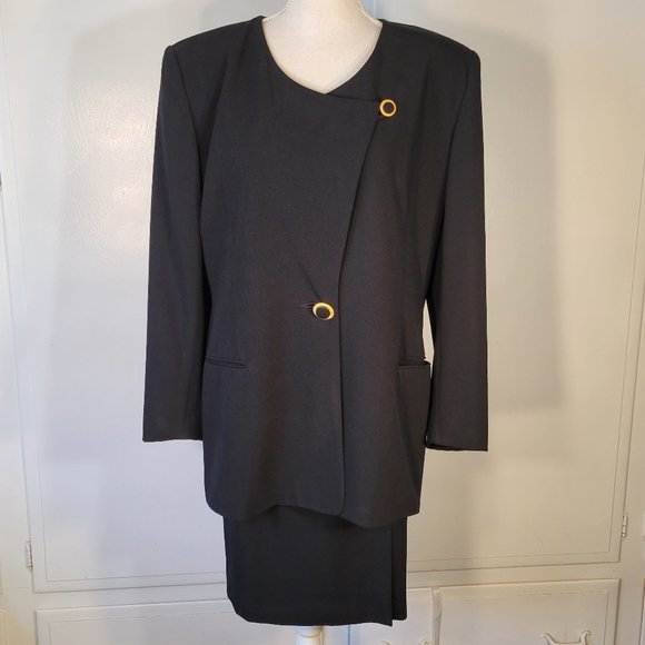 Vintage Black Blazer & Skirt Size 14 Designer Buttons High Quality Classic Suit